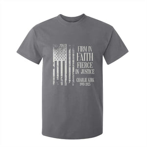 Charlie Kirk Patriotic Memorial T Shirt For Kid Firm in Faith Fierce in Justice American Flag TS02 Charcoal Print Your Wear