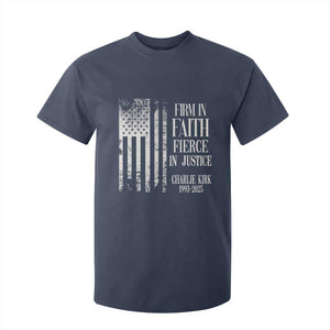 Charlie Kirk Patriotic Memorial T Shirt For Kid Firm in Faith Fierce in Justice American Flag TS02 Navy Print Your Wear