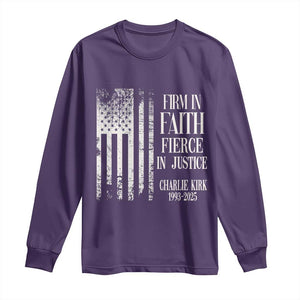 Charlie Kirk Patriotic Memorial Long Sleeve Shirt Firm in Faith Fierce in Justice American Flag TS02 Purple Print Your Wear