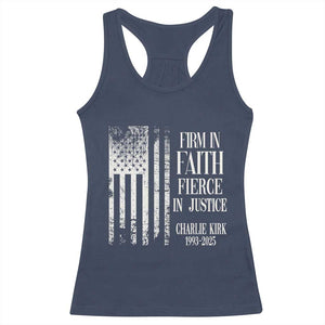 Charlie Kirk Patriotic Memorial Racerback Tank Top Firm in Faith Fierce in Justice American Flag TS02 Navy Print Your Wear