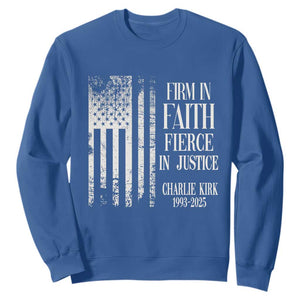Charlie Kirk Patriotic Memorial Sweatshirt Firm in Faith Fierce in Justice American Flag TS02 Royal Blue Print Your Wear