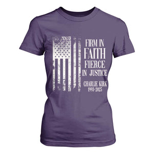 Charlie Kirk Patriotic Memorial T Shirt For Women Firm in Faith Fierce in Justice American Flag TS02 Purple Print Your Wear