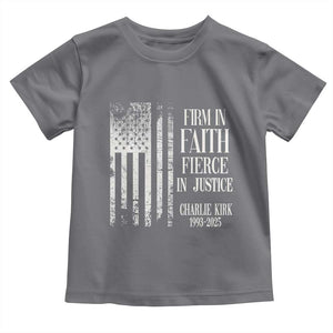 Charlie Kirk Patriotic Memorial Toddler T Shirt Firm in Faith Fierce in Justice American Flag TS02 Charcoal Print Your Wear