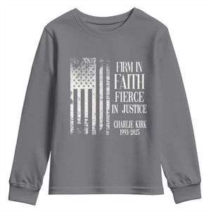 Charlie Kirk Patriotic Memorial Youth Sweatshirt Firm in Faith Fierce in Justice American Flag TS02 Charcoal Print Your Wear