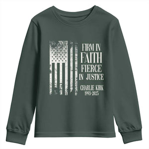 Charlie Kirk Patriotic Memorial Youth Sweatshirt Firm in Faith Fierce in Justice American Flag TS02 Dark Forest Green Print Your Wear
