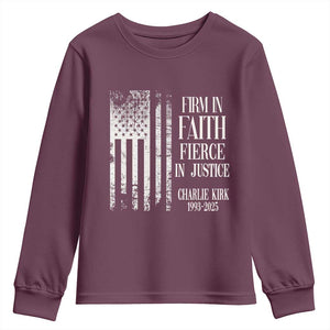 Charlie Kirk Patriotic Memorial Youth Sweatshirt Firm in Faith Fierce in Justice American Flag TS02 Maroon Print Your Wear