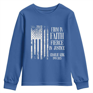 Charlie Kirk Patriotic Memorial Youth Sweatshirt Firm in Faith Fierce in Justice American Flag TS02 Royal Blue Print Your Wear