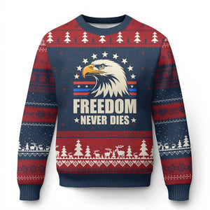 Freedom Never Dies Ugly Christmas Sweater Bold Patriotic Eagle Graphic for True American Patriots TS02 Navy Red Print Your Wear