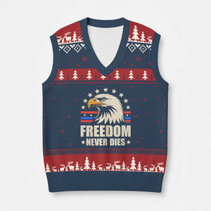 Freedom Never Dies V-Neck Knit Sweater Vest Bold Patriotic Eagle Graphic for True American Patriots TS02 Navy Red Print Your Wear