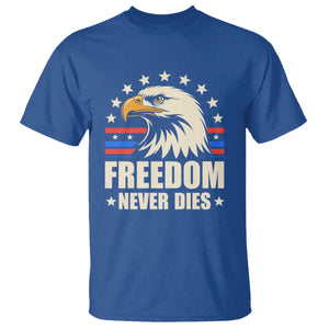 Freedom Never Dies T Shirt Bold Patriotic Eagle Graphic for True American Patriots TS02 Royal Blue Print Your Wear