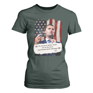 Patriotic Charlie Kirk Legacy T Shirt For Women The Greatness of America Power of the People TS02 Dark Forest Green Print Your Wear