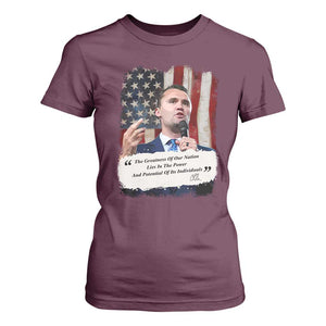Patriotic Charlie Kirk Legacy T Shirt For Women The Greatness of America Power of the People TS02 Maroon Print Your Wear