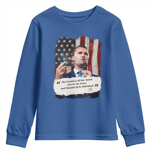 Patriotic Charlie Kirk Legacy Youth Sweatshirt The Greatness of America Power of the People TS02 Royal Blue Print Your Wear