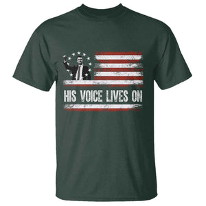 Charlie Kirk Memorial T Shirt His Voice Lives On Vintage Patriotic American Flag TS02 Dark Forest Green Print Your Wear