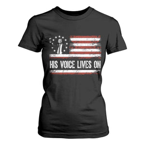 Charlie Kirk Memorial T Shirt For Women His Voice Lives On Vintage Patriotic American Flag TS02 Black Print Your Wear