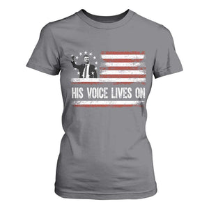 Charlie Kirk Memorial T Shirt For Women His Voice Lives On Vintage Patriotic American Flag TS02 Charcoal Print Your Wear