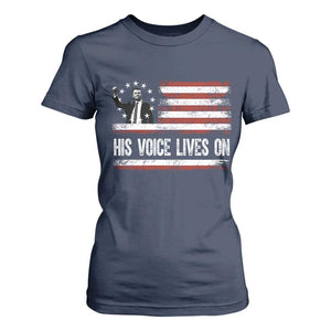 Charlie Kirk Memorial T Shirt For Women His Voice Lives On Vintage Patriotic American Flag TS02 Navy Print Your Wear