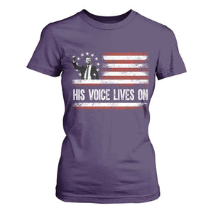 Charlie Kirk Memorial T Shirt For Women His Voice Lives On Vintage Patriotic American Flag TS02 Purple Print Your Wear