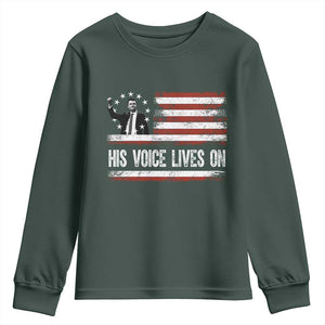 Charlie Kirk Memorial Youth Sweatshirt His Voice Lives On Vintage Patriotic American Flag TS02 Dark Forest Green Print Your Wear