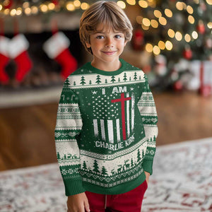 I Am Charlie Kirk Ugly Christmas Sweater Christian Cross Faith American Falg TS02 Forest Green Beige Print Your Wear