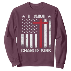 I Am Charlie Kirk Sweatshirt Christian Cross Faith American Flag TS02 Maroon Print Your Wear