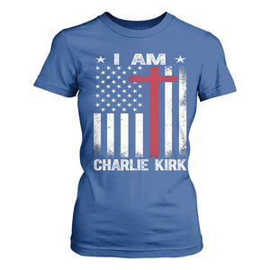 I Am Charlie Kirk T Shirt For Women Christian Cross Faith American Flag TS02 Royal Blue Print Your Wear