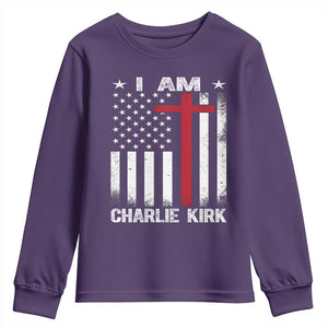 I Am Charlie Kirk Youth Sweatshirt Christian Cross Faith American Flag TS02 Purple Print Your Wear