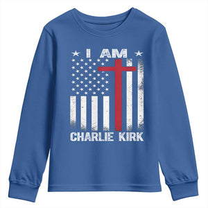 I Am Charlie Kirk Youth Sweatshirt Christian Cross Faith American Flag TS02 Royal Blue Print Your Wear