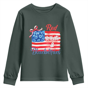 Red White and Blueberries Youth Sweatshirt Patriotic Vintage American Flag Coquette Bow TS02 Dark Forest Green Print Your Wear