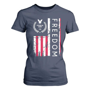 Freedom Charlie Kirk Tribute T Shirt For Women Patriotic Legacy Eagle Distressed American Flag TS02 Navy Print Your Wear