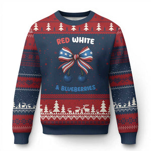 Red White and Blueberries Ugly Christmas Sweater Retro Coquette Bow Vintage American Flag TS02 Navy Red Print Your Wear