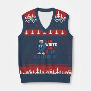Red White and Blueberries V-Neck Knit Sweater Vest Patriotic Fruit Cartoon Graphic TS02 Navy Red Print Your Wear