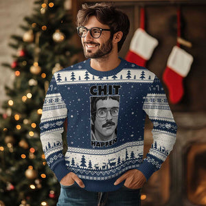 Chit Happens Meme Ugly Christmas Sweater Funny Weird Guy Meme Unhinged Humor Energy TS02 Navy Beige Print Your Wear