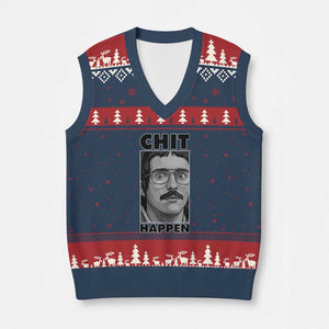 Chit Happens Meme V-Neck Knit Sweater Vest Funny Weird Guy Meme Unhinged Humor Energy TS02 Navy Red Print Your Wear