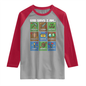 God Says I Am Pixel Art Graphic Raglan Shirt Christian Affirmation Gamer Bible Verses TS02 Sport Gray Red Print Your Wear