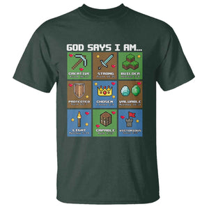 God Says I Am Pixel Art Graphic T Shirt Christian Affirmation Gamer Bible Verses TS02 Dark Forest Green Print Your Wear