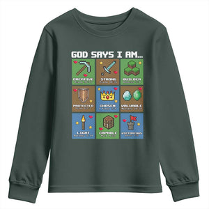 God Says I Am Pixel Art Graphic Youth Sweatshirt Christian Affirmation Gamer Bible Verses TS02 Dark Forest Green Print Your Wear