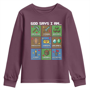 God Says I Am Pixel Art Graphic Youth Sweatshirt Christian Affirmation Gamer Bible Verses TS02 Maroon Print Your Wear
