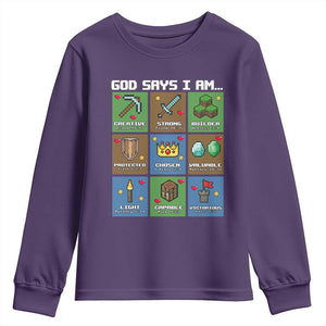 God Says I Am Pixel Art Graphic Youth Sweatshirt Christian Affirmation Gamer Bible Verses TS02 Purple Print Your Wear