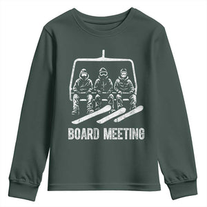Funny Snowboarding Board Meeting Youth Sweatshirt Chairlift Snowboarders Powder Junkies TS02 Dark Forest Green Print Your Wear