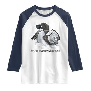 Funny Stupid Canadian Wolf Bird Raglan Shirt Common Loon with Hockey Puck Bird Meme TS02 White Navy Print Your Wear