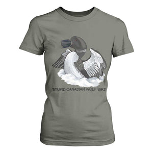 Funny Stupid Canadian Wolf Bird T Shirt For Women Common Loon with Hockey Puck Bird Meme TS02 Military Green Print Your Wear