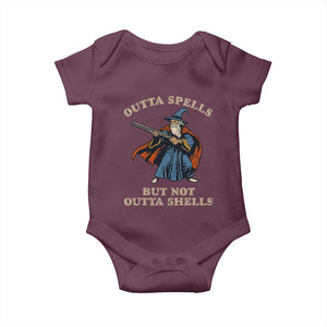 Outta Spells But Not Outta Shells Baby Onesie Funny Wizard Fantasy Meme TS02 Maroon Print Your Wear