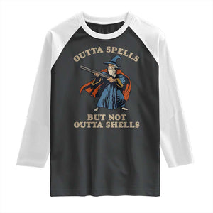 Outta Spells But Not Outta Shells Raglan Shirt Funny Wizard Fantasy Meme TS02 Black White Print Your Wear