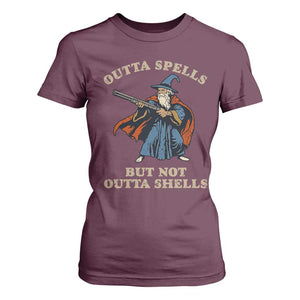 Outta Spells But Not Outta Shells T Shirt For Women Funny Wizard Fantasy Meme TS02 Maroon Print Your Wear