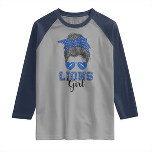 Lions Girl Messy Bun Raglan Shirt Funny Sports Fan Team TS02 Sport Gray Navy Print Your Wear