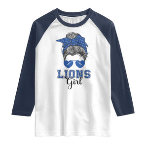 Lions Girl Messy Bun Raglan Shirt Funny Sports Fan Team TS02 White Navy Print Your Wear