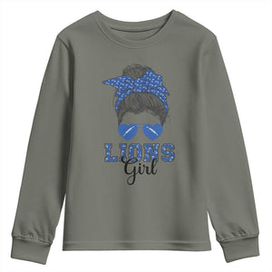 Lions Girl Messy Bun Youth Sweatshirt Funny Sports Fan Team TS02 Military Green Print Your Wear