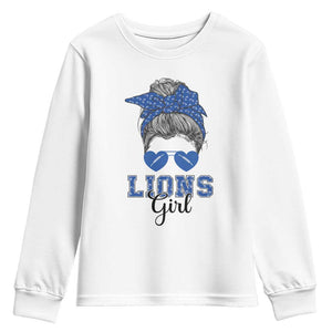 Lions Girl Messy Bun Youth Sweatshirt Funny Sports Fan Team TS02 White Print Your Wear