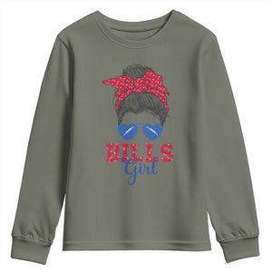 Bills Girl Messy Bun Youth Sweatshirt Funny Sports Fan Team TS02 Military Green Print Your Wear